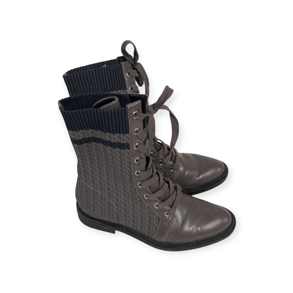 Charles & Keith Faux Leather Woven Boots SZ 36  Brown High Lace Up Boots